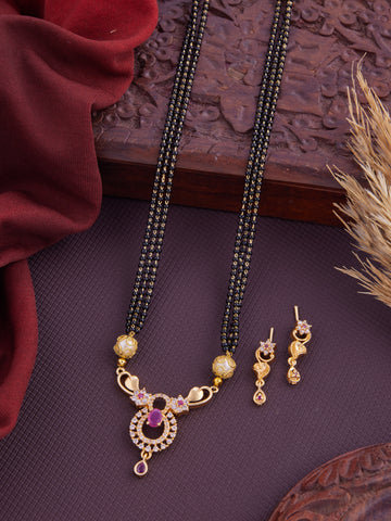 Elegant Gold-Plated Mangalsutra Set with Ruby Accents and Jhumki Earrings